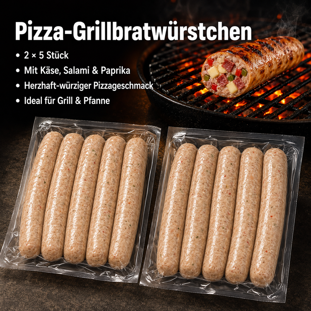 Zwei Packungen Pizza-Grillbratwürstchen mit je fünf Würstchen sowie Käse, Salami und Paprika auf einem Grill.